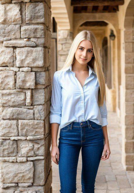 Slim blonde AI generated model Liliana Alpha poses naked in a European town - #1