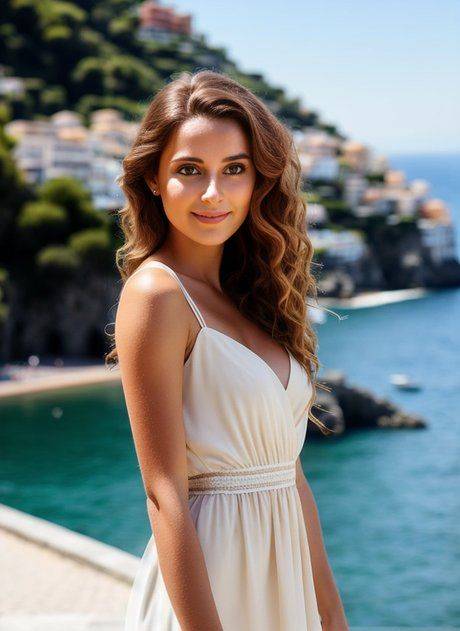 Beautiful AI generated brunette Olga Milana posing butt naked at the seaside - #1