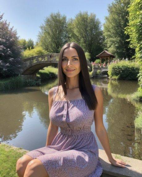 AI generated brunette Kris Lauda shows her perfect ass & big tits by a pond - #1