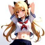 1girl Armpits Arms Behind Head Backlighting Bare Arms Bare Legs Blonde Hair Blue Eyes Blush Breasts Check Commentary Clothing Cu, 3824262428 - AIHentai - #3