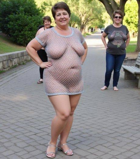 Short haired fat AI granny flaunts her big tits in the public place - #8