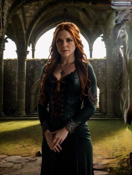Redheaded goth AI generated model posing in her black outfits & naked - #9