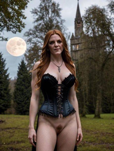 Redheaded goth AI generated model posing in her black outfits & naked - #10