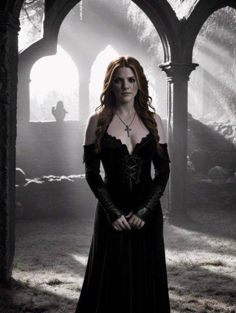 Redheaded goth AI generated model posing in her black outfits & naked - #5