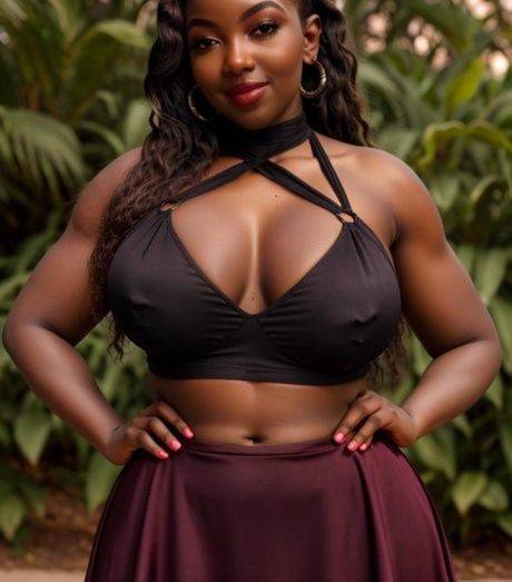 Chubby AI generated ebony Blackstyl shows her big tits while posing in a solo - #8