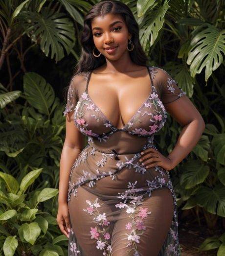Chubby AI generated ebony Blackstyl shows her big tits while posing in a solo - #1