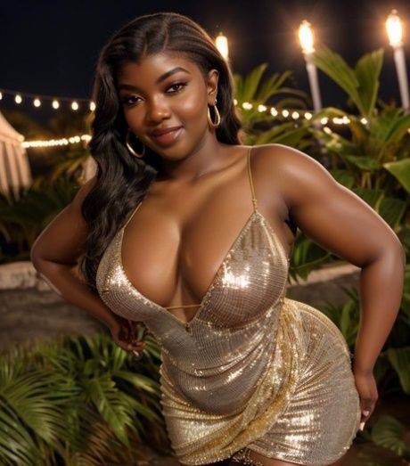 Chubby AI generated ebony Blackstyl shows her big tits while posing in a solo - #9