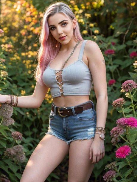 Beautiful AI generated babe Pinkgirl shows her lovely tits outdoors - #11