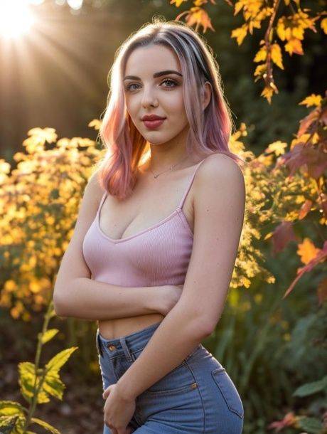 Beautiful AI generated babe Pinkgirl shows her lovely tits outdoors - #5