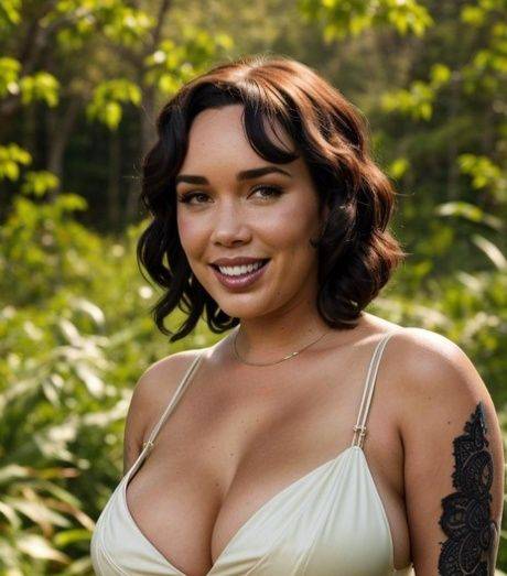 Thick AI generated model RedWon showing off her cleavage & big tits outside - #1