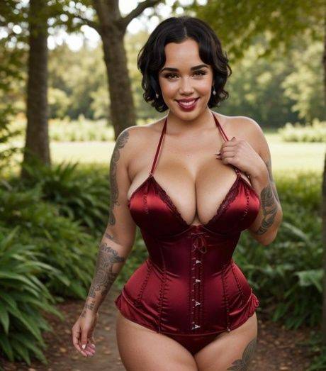 Thick AI generated model RedWon showing off her cleavage & big tits outside - #13