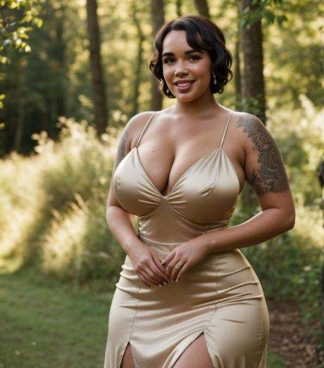 Thick AI generated model RedWon showing off her cleavage & big tits outside - #4