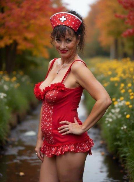 AI generated mature nurse with big boobs poses nude near a stream - #6