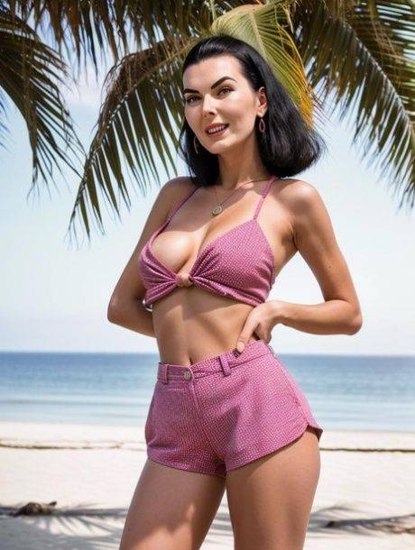 Raven-haired AI generated model posing dressed up and naked outdoors - #6