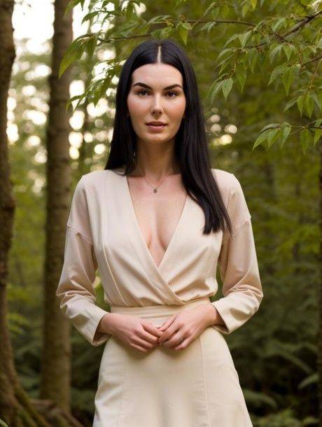 Raven-haired AI generated model posing dressed up and naked outdoors - #1