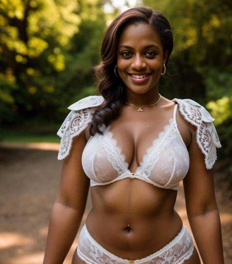 Beautiful ebony AI generated MILF Rombla displays her big juggs outdoors - #1
