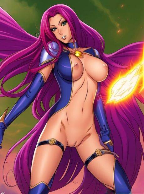 Purple-haired anime babe Starfire shamelessly shows her big juggs in a solo - #4
