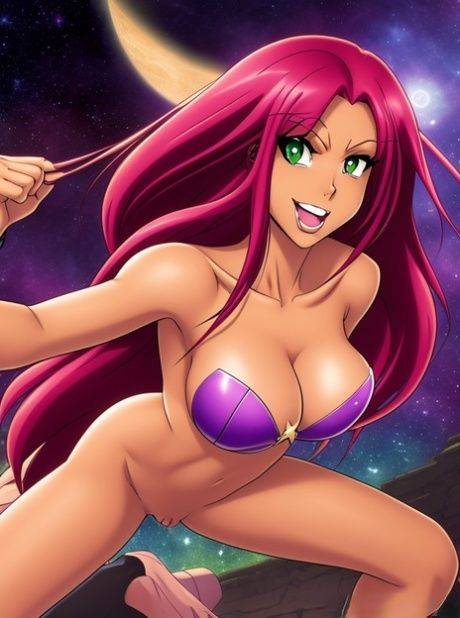 Purple-haired anime babe Starfire shamelessly shows her big juggs in a solo - #5