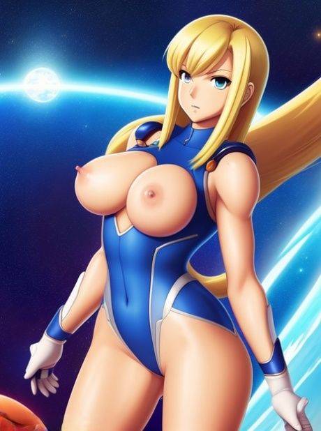 Blonde anime babe Zero Suit Samus bares her big juggs in a solo - #5