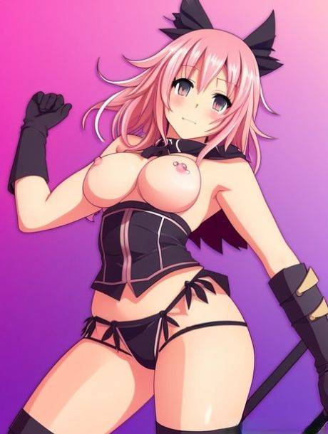 Pink-haired anime kitty Astolfo shows off her perky tits in her compilation - #9