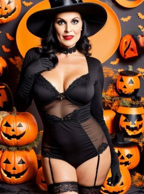 AI generated mom Sasha Lansday shows her big tits and poses in a witch costume - #3