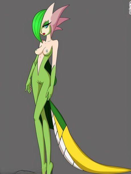 Green-haired anime beauty Gardevoir from Pokemon bares her boobs in a solo - #8