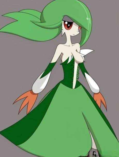 Green-haired anime beauty Gardevoir from Pokemon bares her boobs in a solo - #6