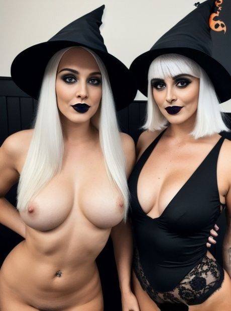 Blonde AI generated babes show off their beautiful tits on Halloween - #3