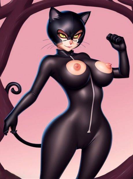 Buxom catwoman anime Cat Noir shows off her big tits & her bald pussy - #7