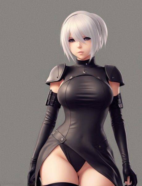 Platinum-blonde AI generated girl Yorha 2b teasing with her curves - #7