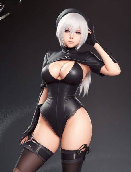 Platinum-blonde AI generated girl Yorha 2b teasing with her curves - #8