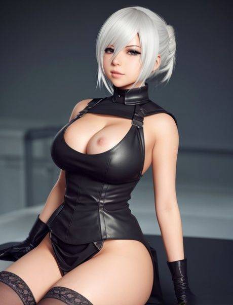 Platinum-blonde AI generated girl Yorha 2b teasing with her curves - #9