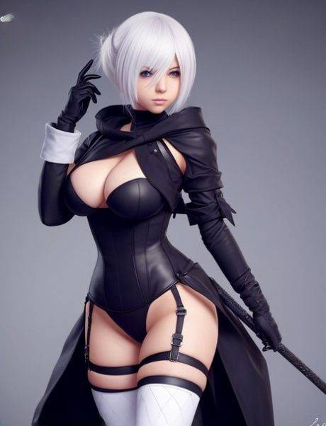 Platinum-blonde AI generated girl Yorha 2b teasing with her curves - #1