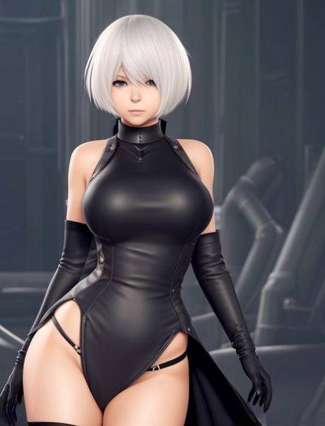 Platinum-blonde AI generated girl Yorha 2b teasing with her curves - #6