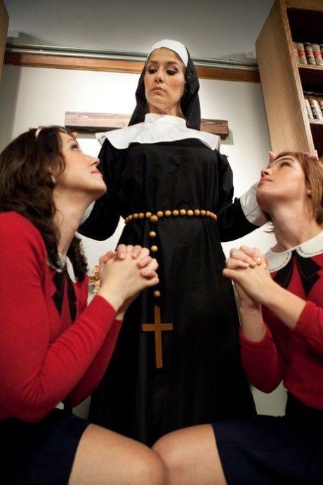 Horny nun Felony poses with her schoolgirls who flash their tits in the office - #2