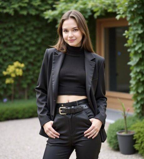 AI generated teen beauty shows her firm tits while posing outdoors - #6