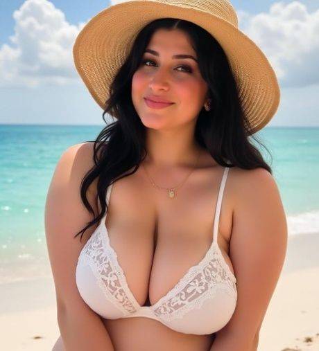AI generated brunette with big boobs poses nude outdoors and fully clothed too - #5