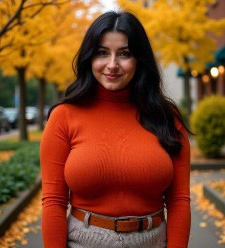 AI generated brunette with big boobs poses nude outdoors and fully clothed too - #6