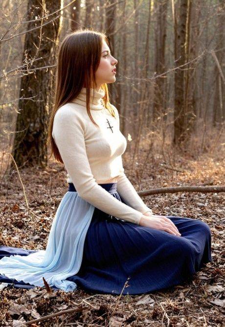 Sweet AI generated teen flashes in the woods during a solo performance - #21