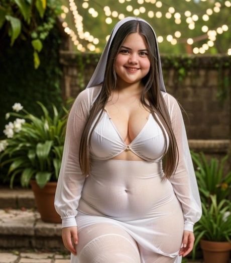 Chubby AI generated nun Nunfat exposing her monster curves outdoors - #8