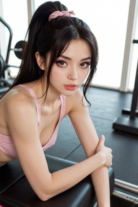 Petite brunette chick sports lipstick while showing her tits in a gym - #9