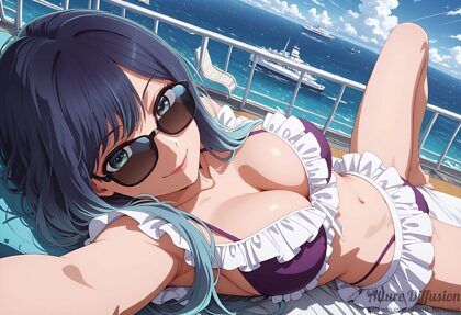 Akane Kurokawa lounging on a cruise ship in her purple frilly bikini - #8