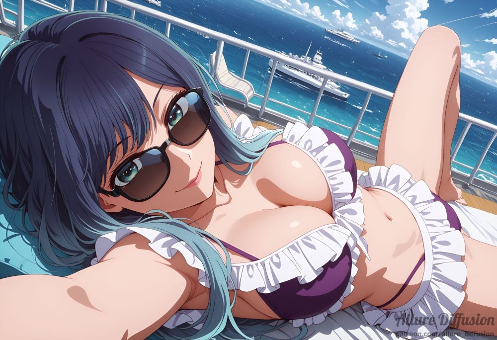 Akane Kurokawa lounging on a cruise ship in her purple frilly bikini - #2