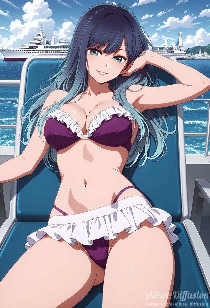 Akane Kurokawa lounging on a cruise ship in her purple frilly bikini - #5