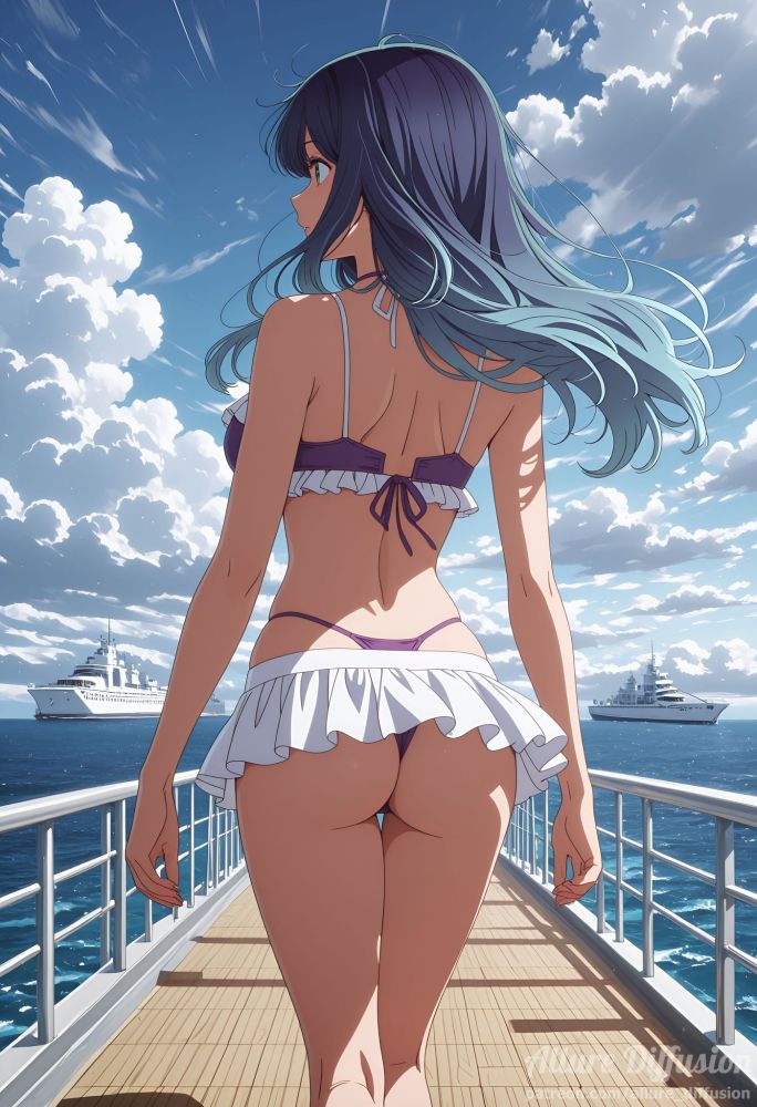 Akane Kurokawa lounging on a cruise ship in her purple frilly bikini - #4