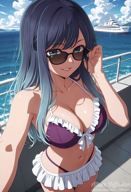 Akane Kurokawa lounging on a cruise ship in her purple frilly bikini - #7