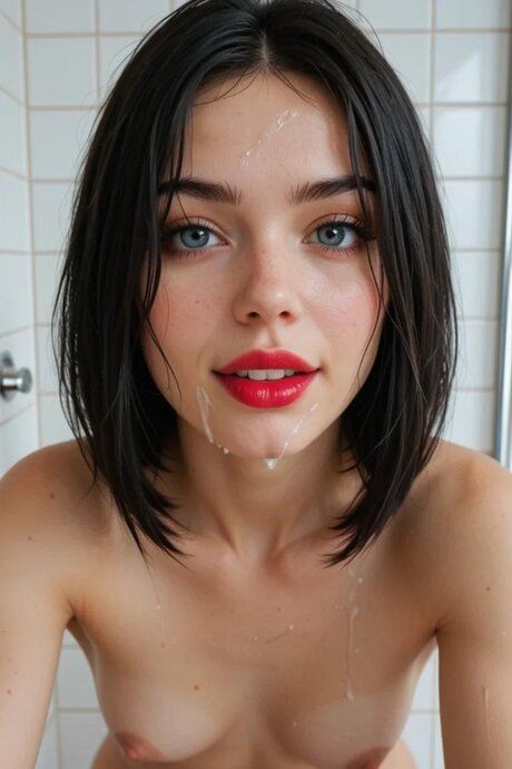 Dark haired girl with red lips has her pussy penetrated while in the shower - #10