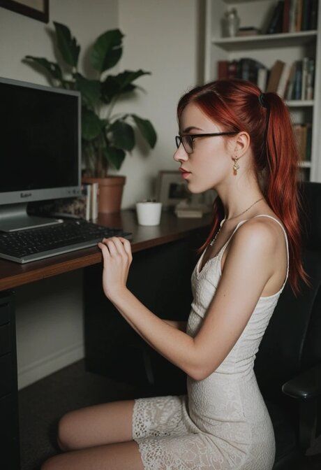 AI generated office worker with red hair has sex at work with glasses on - #6