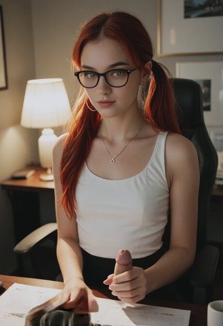 AI generated office worker with red hair has sex at work with glasses on - #2