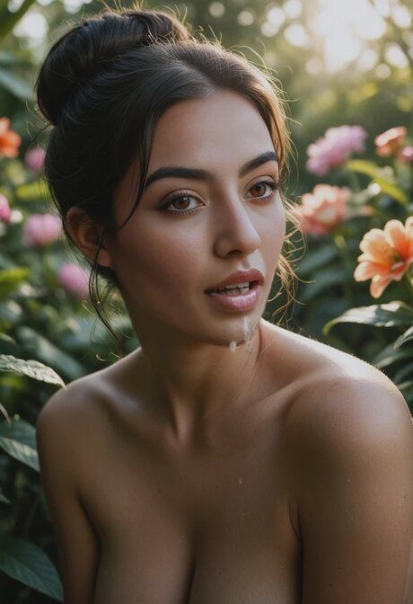 AI generated brunette beauty has sexual relations in a flower garden - #1